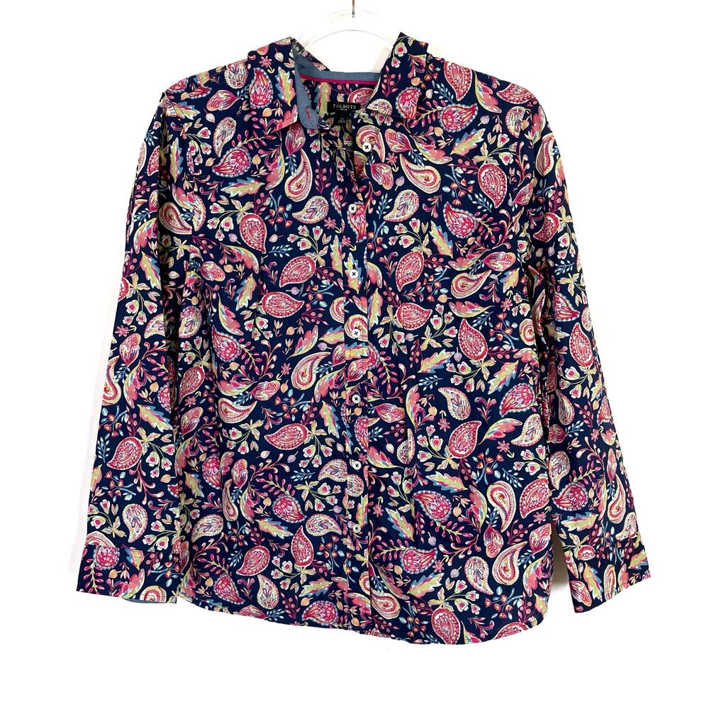 Talbots 100% Cotton Navy Paisley Floral Button Up Shirt Womens Large Petite